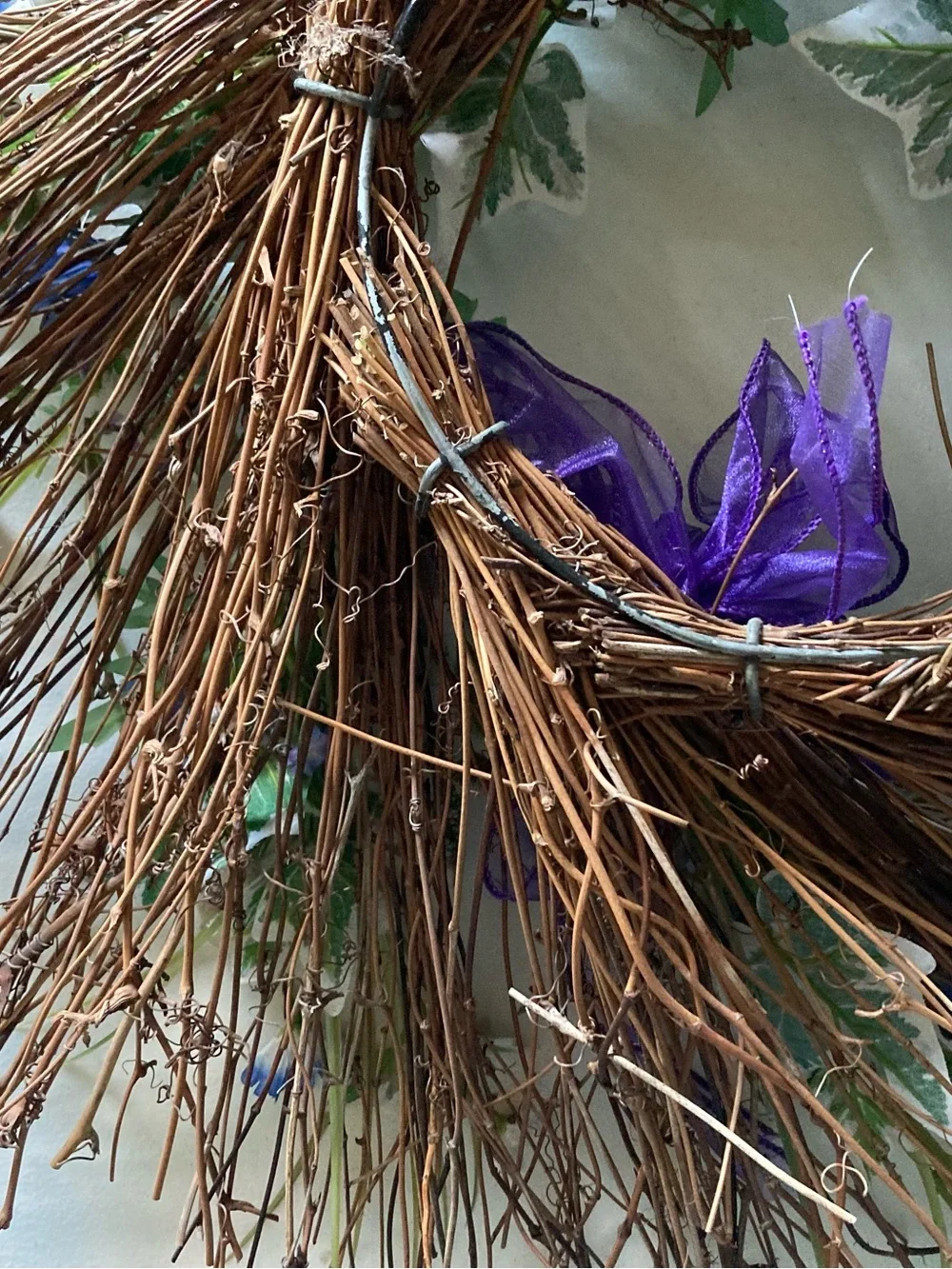 Twig Ivy Wreath Blue Flowers Greenery Purple Bow Floral Door Decor 24” Wide